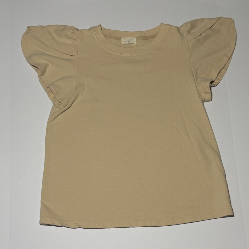 T.LA Anthropologie Top S Beige Puff Flutter Sleeve Crew Neck S